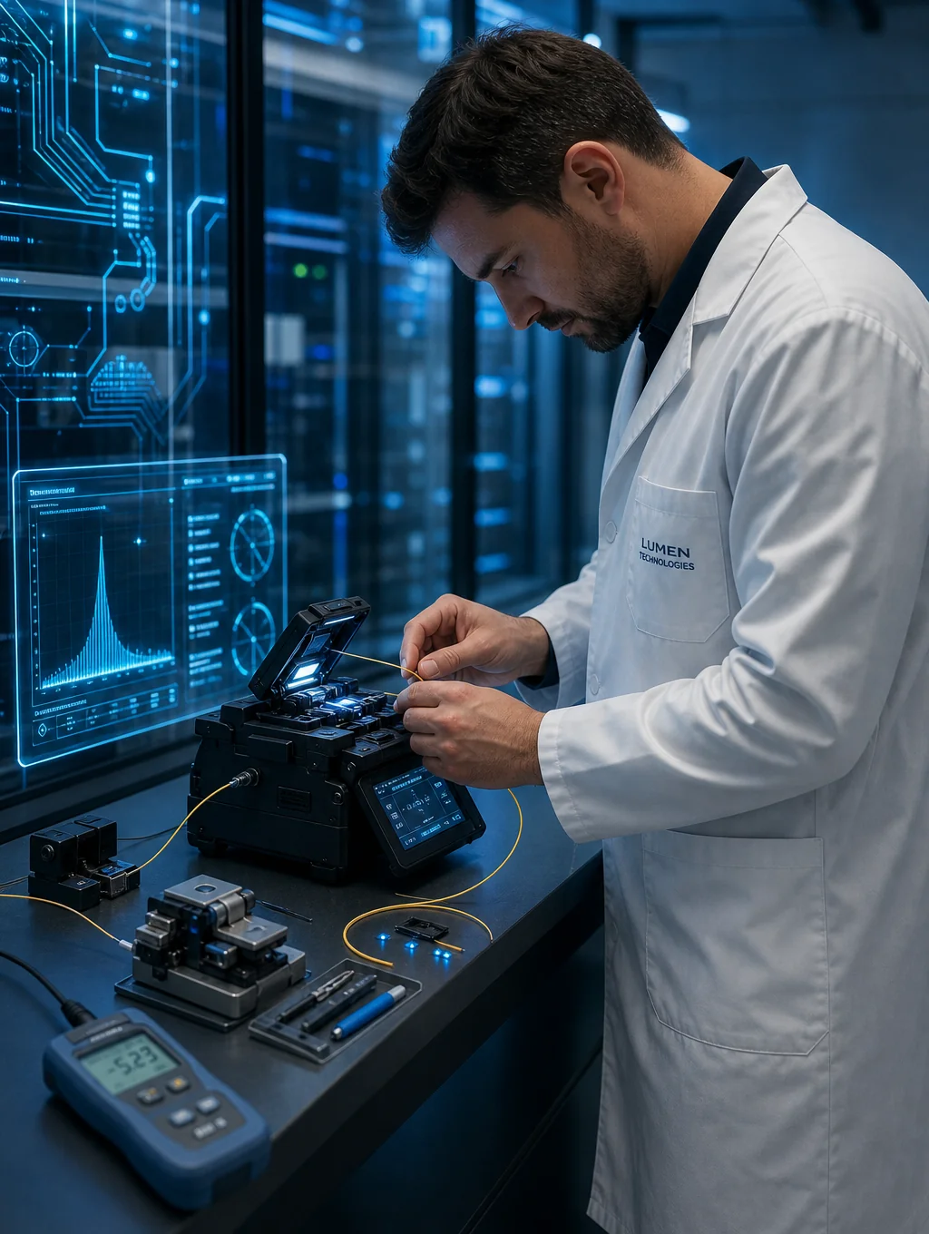 Technician inspecting fiber optic connector quality